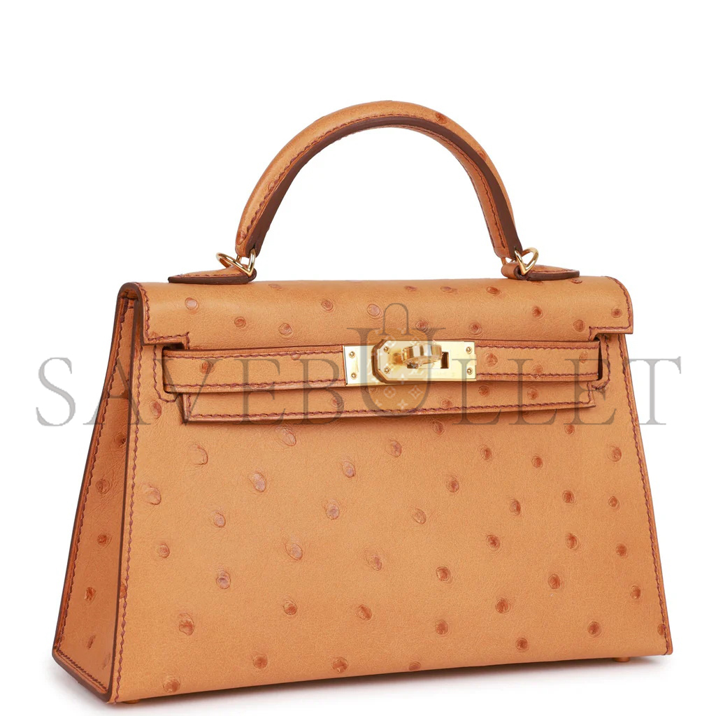 HERMÈS MASTER MINI KELLY II GOLD OSTRICH GOLD HARDWARE (19*12*5.5cm)